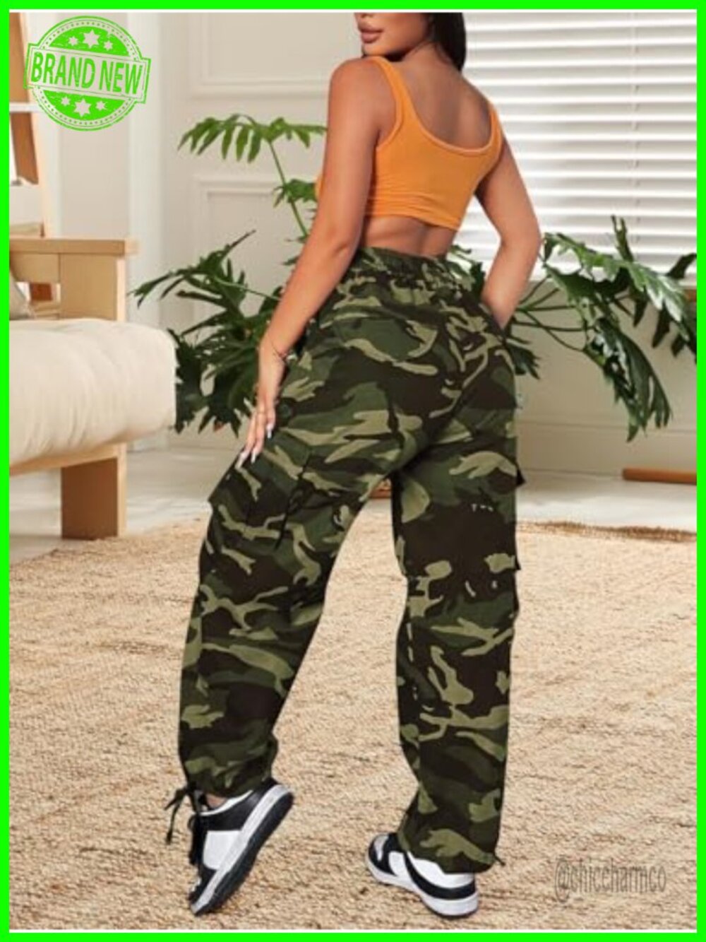 Camo Cargo Pants, Drawstring Elastic Waist, Baggy Wide Leg, 6 Pockets, Hiking - Picture 4 of 7